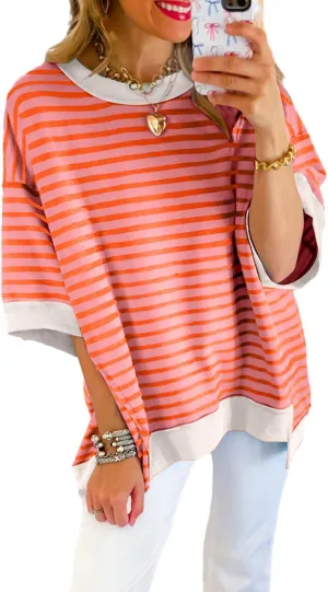 Chvity Women Stripe Colorblock Oversized T Shirt Exposed Seam High Low Pullover Crewneck Short Sleeve Blouses Tops