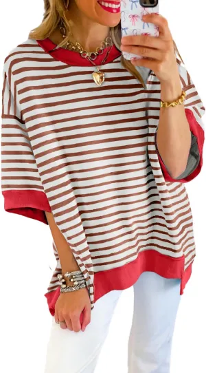 Chvity Women Stripe Colorblock Oversized T Shirt Exposed Seam High Low Pullover Crewneck Short Sleeve Blouses Tops