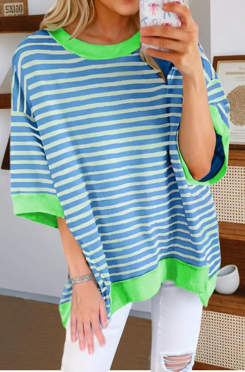 Chvity Women Stripe Colorblock Oversized T Shirt Exposed Seam High Low Pullover Crewneck Short Sleeve Blouses Tops