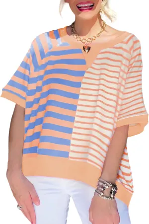 Chvity Womens Half Striped Pattern Oversized T Shirt Crewneck Short Sleeve Casual Loose Summer Colorblock Blouse Tops