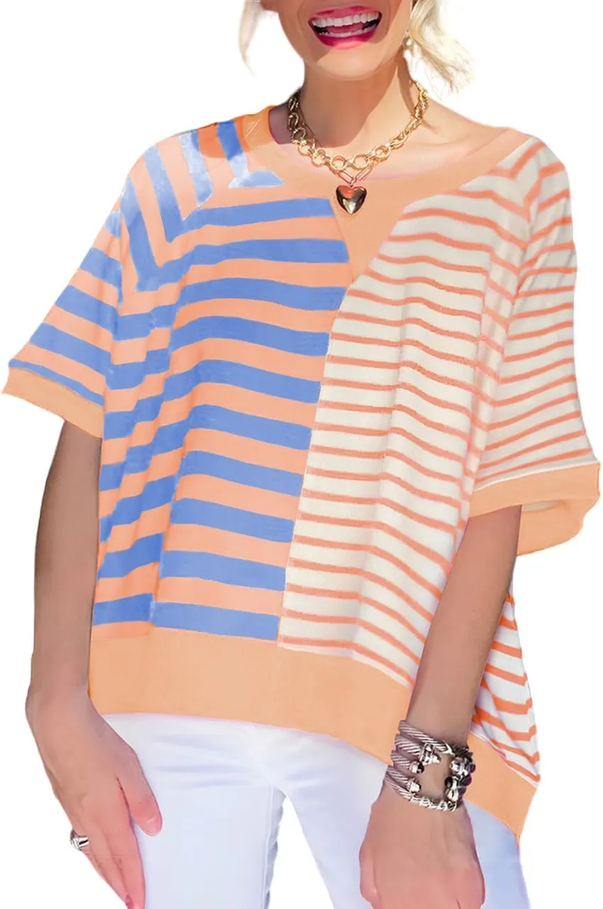 Chvity Womens Half Striped Pattern Oversized T Shirt Crewneck Short Sleeve Casual Loose Summer Colorblock Blouse Tops