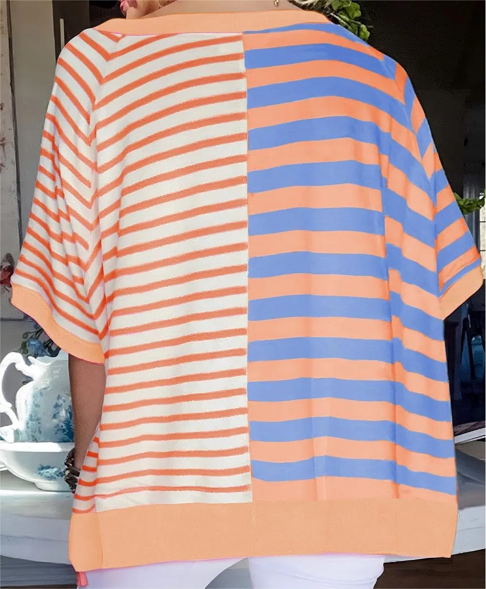 Chvity Womens Half Striped Pattern Oversized T Shirt Crewneck Short Sleeve Casual Loose Summer Colorblock Blouse Tops