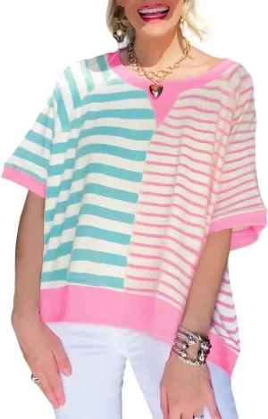 Chvity Womens Half Striped Pattern Oversized T Shirt Crewneck Short Sleeve Casual Loose Summer Colorblock Blouse Tops
