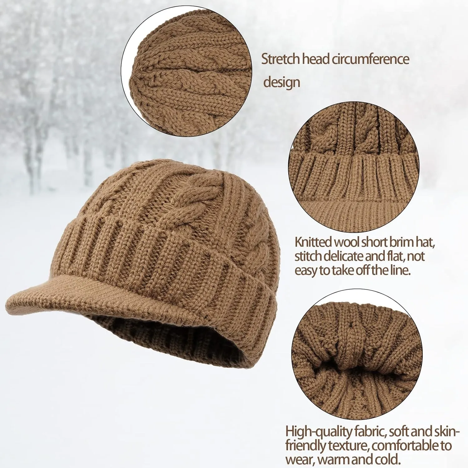 Clakllie Winter Visor Beanie Stretchy Cable Knitted Hats Stylish Skullcap Cold Weather Ski Snow Caps Cadet Newsboy Cap