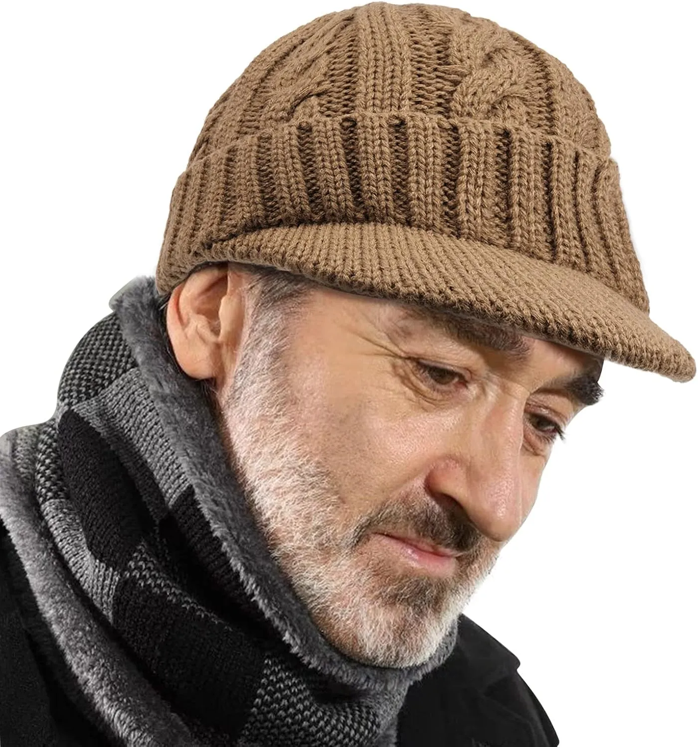 Clakllie Winter Visor Beanie Stretchy Cable Knitted Hats Stylish Skullcap Cold Weather Ski Snow Caps Cadet Newsboy Cap