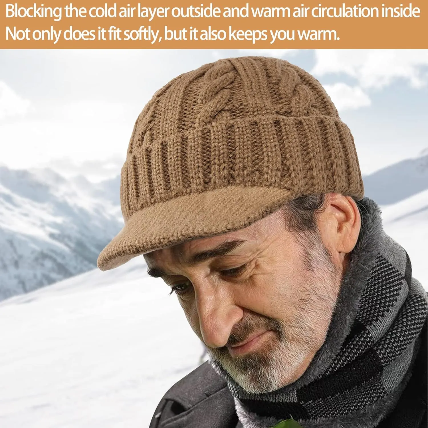 Clakllie Winter Visor Beanie Stretchy Cable Knitted Hats Stylish Skullcap Cold Weather Ski Snow Caps Cadet Newsboy Cap