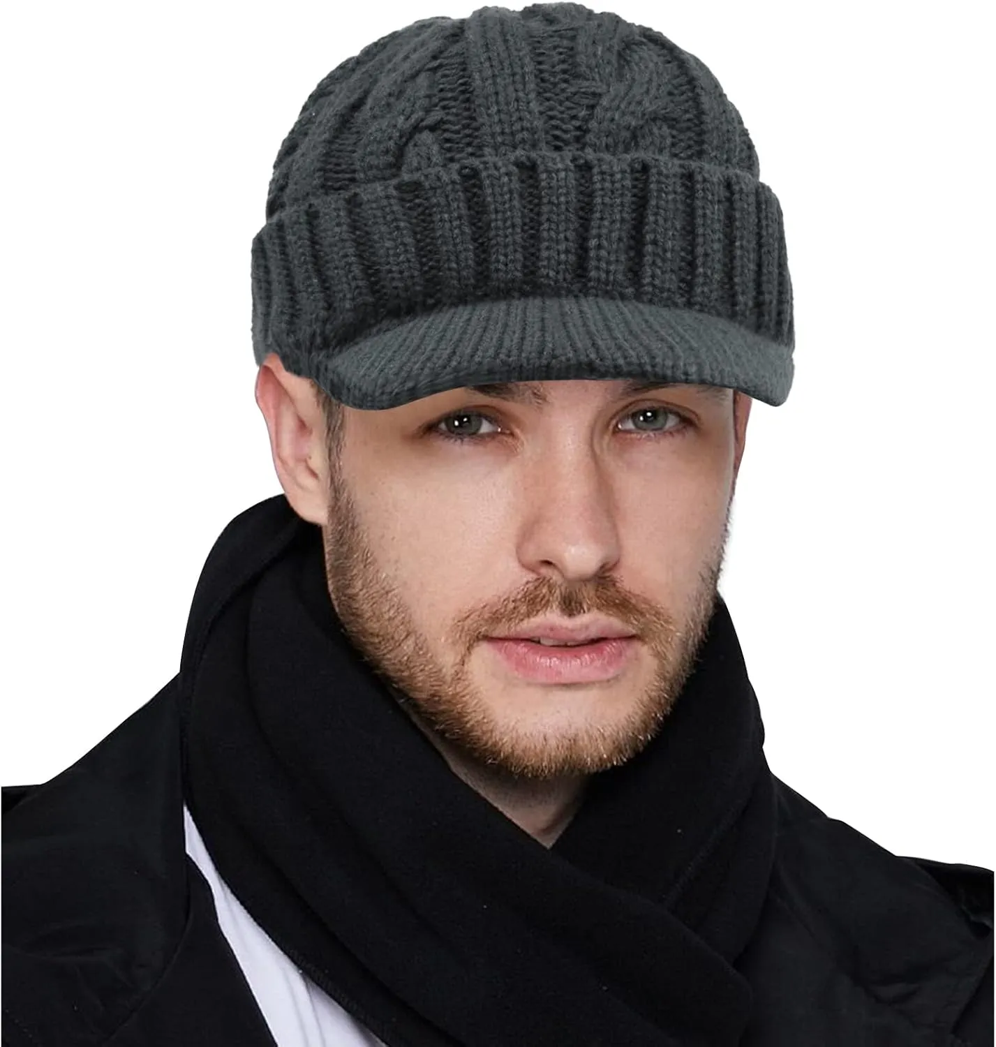 Clakllie Winter Visor Beanie Stretchy Cable Knitted Hats Stylish Skullcap Cold Weather Ski Snow Caps Cadet Newsboy Cap