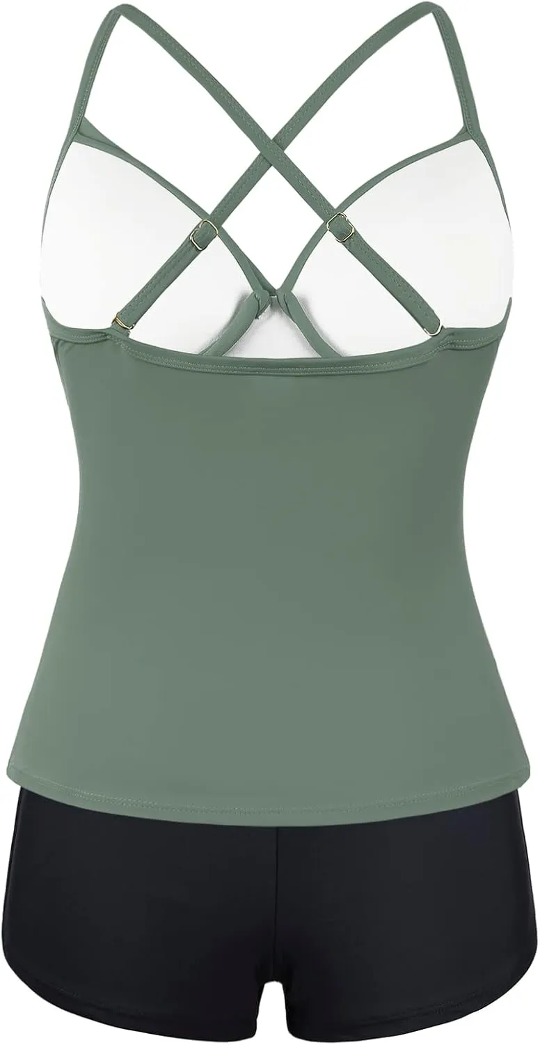coastal rose Underwire Tankini Swimsuits for Women Tummy Control Two Piece Bathing Suits V Neck Swimwear with Boyshorts
