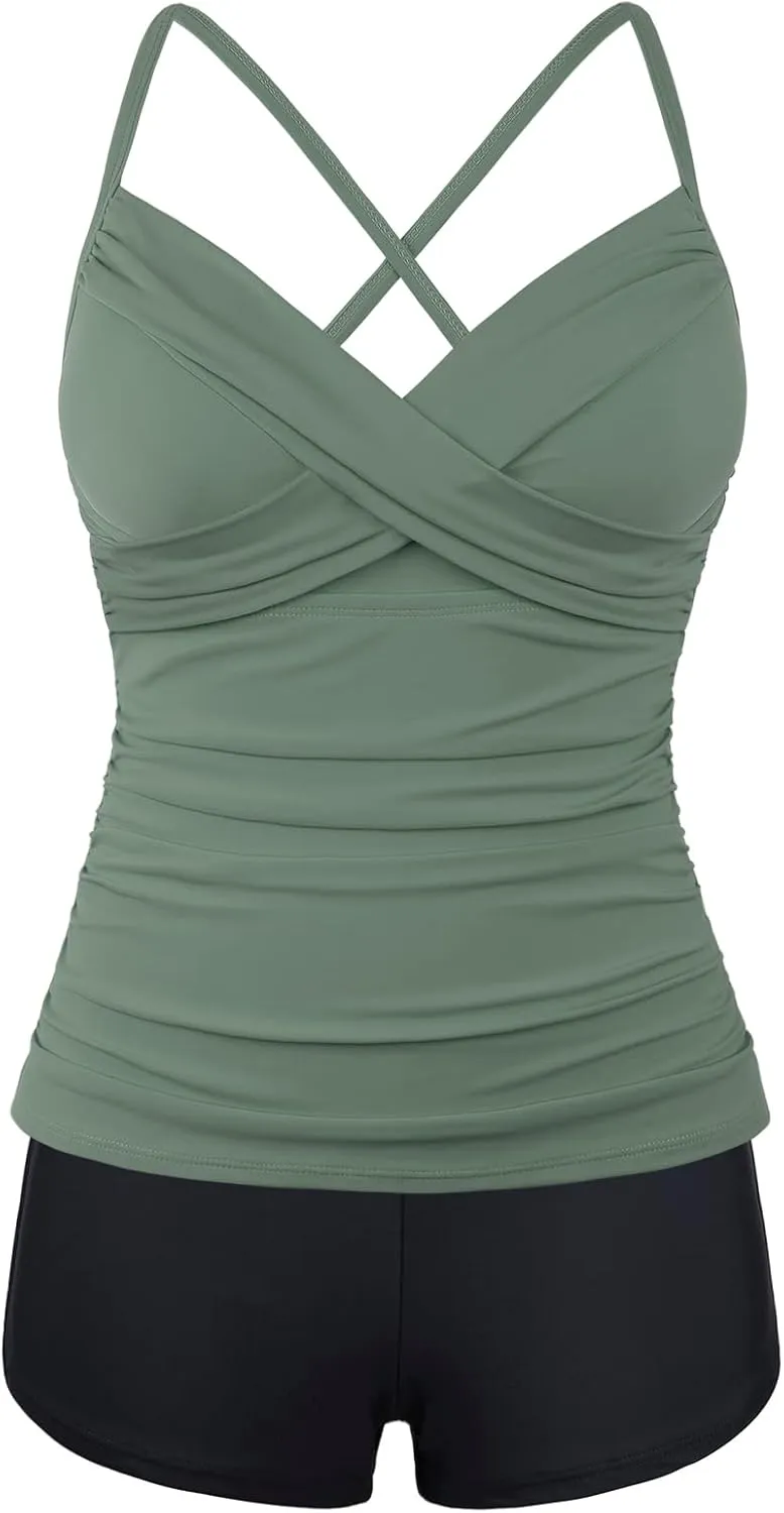 coastal rose Underwire Tankini Swimsuits for Women Tummy Control Two Piece Bathing Suits V Neck Swimwear with Boyshorts