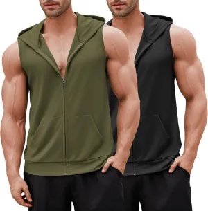 COOFANDY Men's Workout Hooded Tank Tops 2 Pack Zip Up Sleeveless Gym Shirts Muscle Cut Off T Shirt Bodybuilding Hoodies