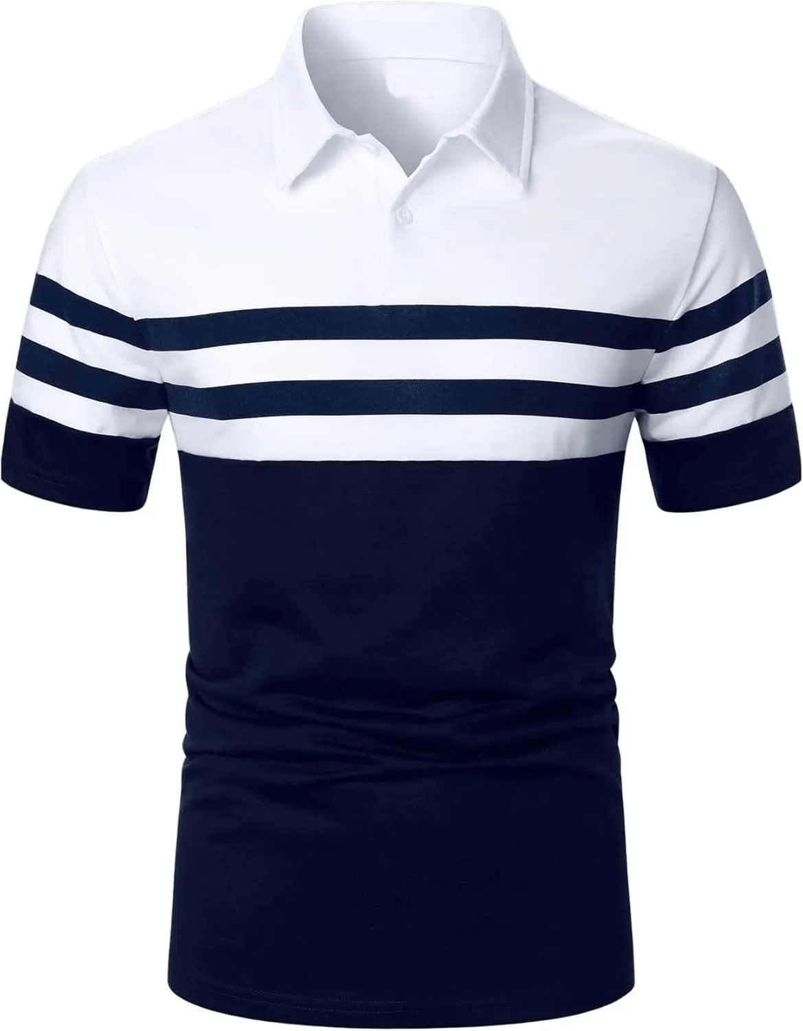 COZYEASE Men's Color Block Striped Golf Shirt Short Sleeve Button Up Collared Business Work Shirts