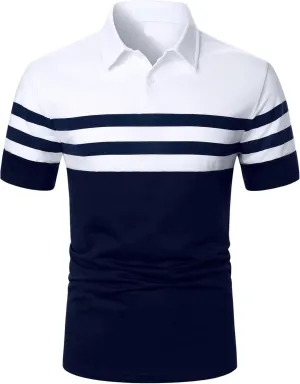 COZYEASE Men's Color Block Striped Golf Shirt Short Sleeve Button Up Collared Business Work Shirts