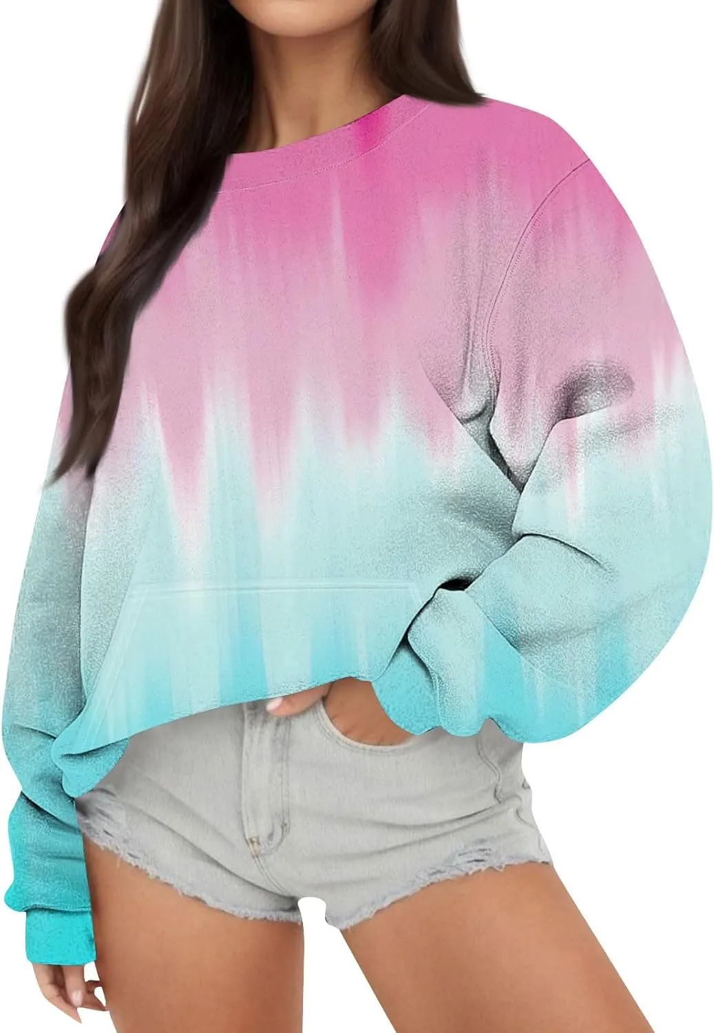 Crewneck Sweatshirts Women Tie Dye Oversized Fleece Pullover with Pockets Crew Neck Sweatshirt Winter Cute Hoodies
