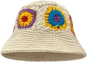 Crochet Bucket Hat for Women Handmade Knit Cutout Floral Buckets Knit Cap Handmade Foldable Floppy Beach Hat