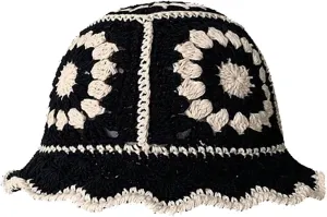Crochet Bucket Hat for Women Handmade Knit Cutout Floral Buckets Knit Cap Handmade Foldable Floppy Beach Hat