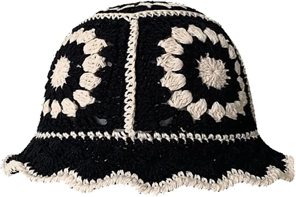 Crochet Bucket Hat for Women Handmade Knit Cutout Floral Buckets Knit Cap Handmade Foldable Floppy Beach Hat
