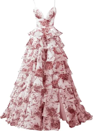 Cudiew Floral Print Tiered Prom Dresses Spaghetti Straps Chiffon Ruffles Long Formal Evening Dress for Women with Slit