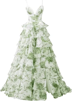 Cudiew Floral Print Tiered Prom Dresses Spaghetti Straps Chiffon Ruffles Long Formal Evening Dress for Women with Slit