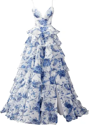 Cudiew Floral Print Tiered Prom Dresses Spaghetti Straps Chiffon Ruffles Long Formal Evening Dress for Women with Slit