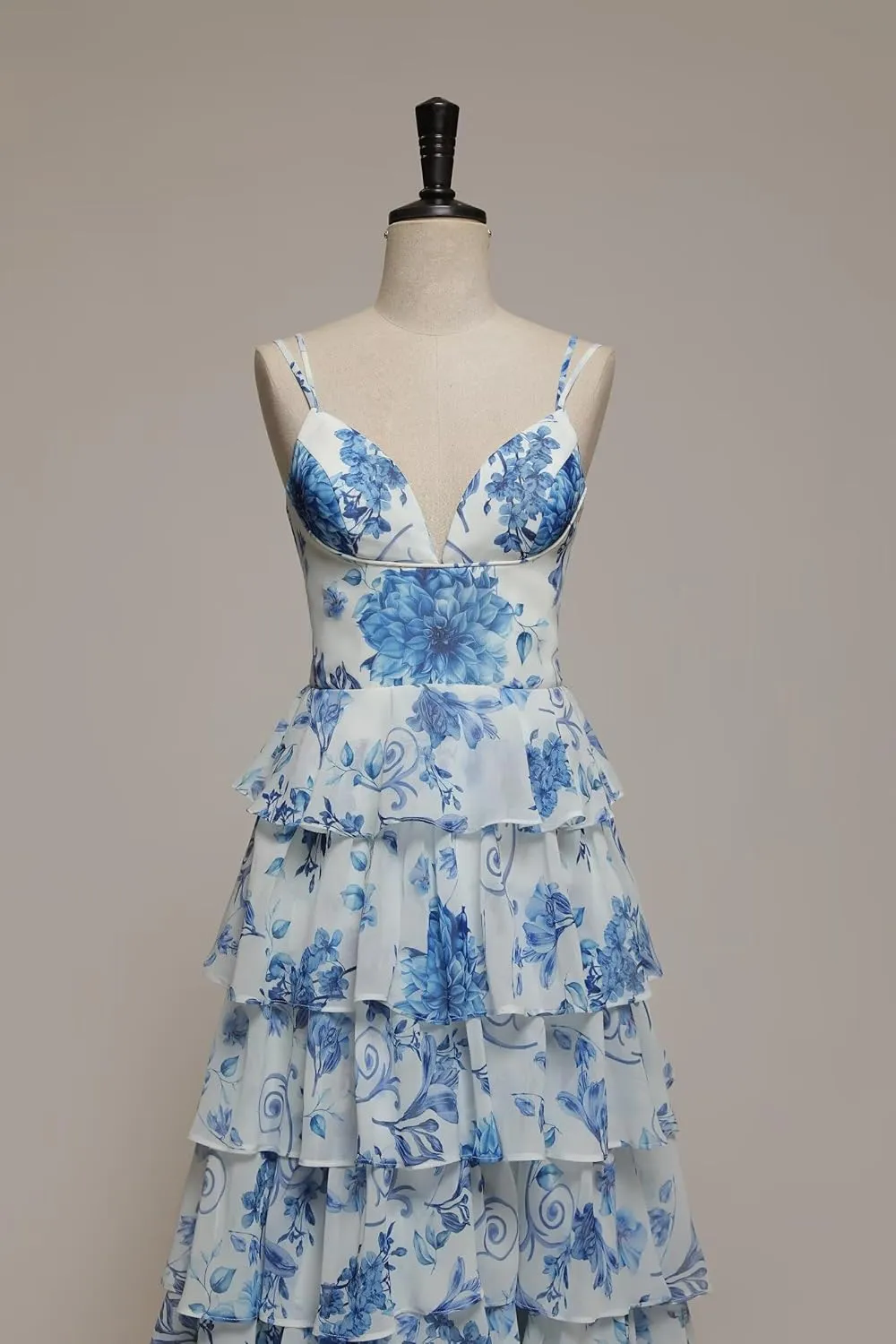 Cudiew Floral Print Tiered Prom Dresses Spaghetti Straps Chiffon Ruffles Long Formal Evening Dress for Women with Slit