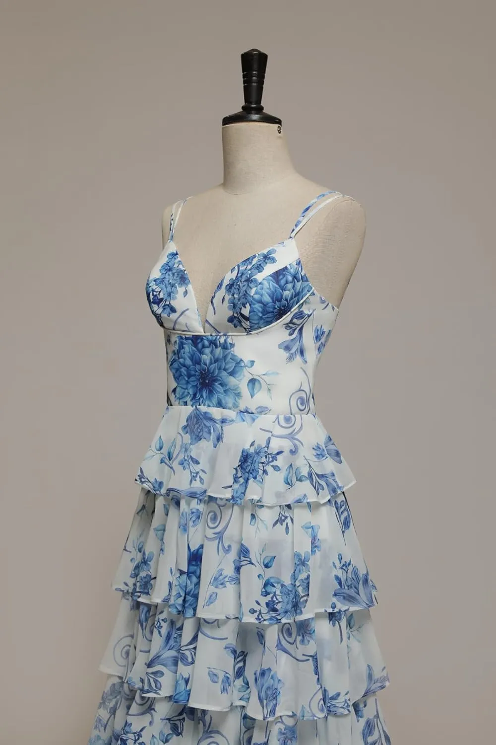 Cudiew Floral Print Tiered Prom Dresses Spaghetti Straps Chiffon Ruffles Long Formal Evening Dress for Women with Slit
