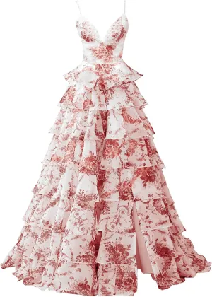 Cudiew Floral Print Tiered Prom Dresses Spaghetti Straps Chiffon Ruffles Long Formal Evening Dress for Women with Slit