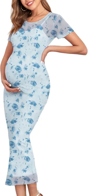 CYCLAMEN 2024 Maternity Mesh Dress Ruched Side Round Neck Pregnancy Dresses Baby Shower Wedding Guest Cocktail Party