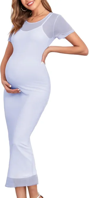 CYCLAMEN 2024 Maternity Mesh Dress Ruched Side Round Neck Pregnancy Dresses Baby Shower Wedding Guest Cocktail Party