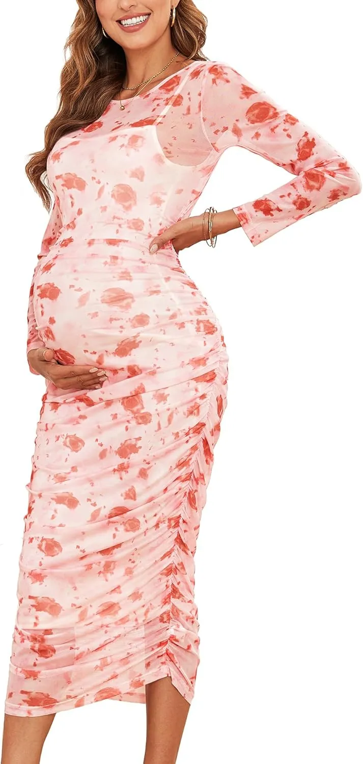 CYCLAMEN 2024 Maternity Mesh Dress Ruched Side Round Neck Pregnancy Dresses Baby Shower Wedding Guest Cocktail Party