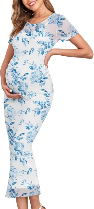 CYCLAMEN 2024 Maternity Mesh Dress Ruched Side Round Neck Pregnancy Dresses Baby Shower Wedding Guest Cocktail Party