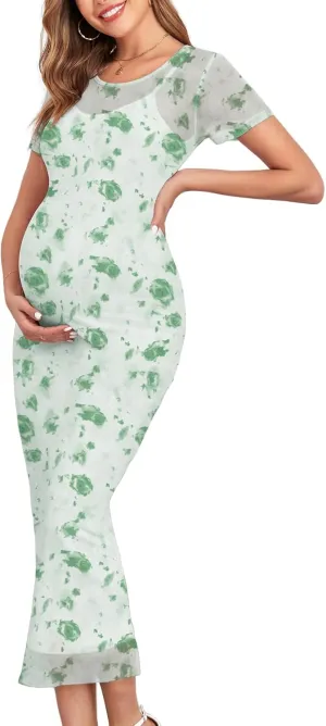 CYCLAMEN 2024 Maternity Mesh Dress Ruched Side Round Neck Pregnancy Dresses Baby Shower Wedding Guest Cocktail Party