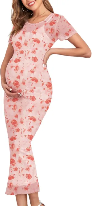 CYCLAMEN 2024 Maternity Mesh Dress Ruched Side Round Neck Pregnancy Dresses Baby Shower Wedding Guest Cocktail Party