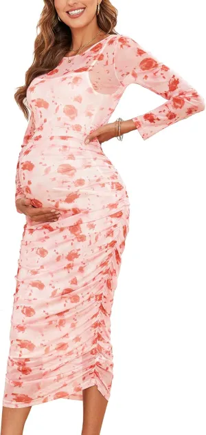 CYCLAMEN 2024 Maternity Mesh Dress Ruched Side Round Neck Pregnancy Dresses Baby Shower Wedding Guest Cocktail Party