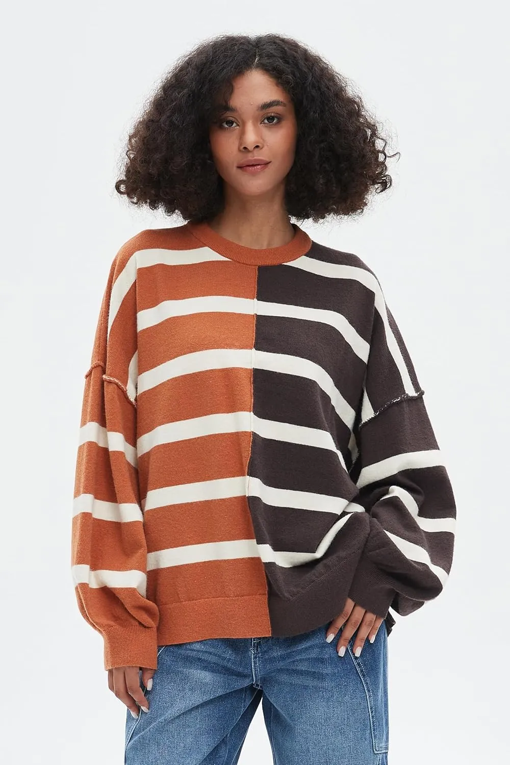 D-Sun Women's Striped Pullover Sweaters Oversized Color Block Long Sleeve Sweater Casual Knit Tops