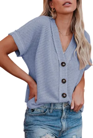 Dokotoo Womens Summer Tops 2025 Waffle Knit Button Down Shirts Casual V Neck Short Sleeve Shacket Jacket Dressy Blouses