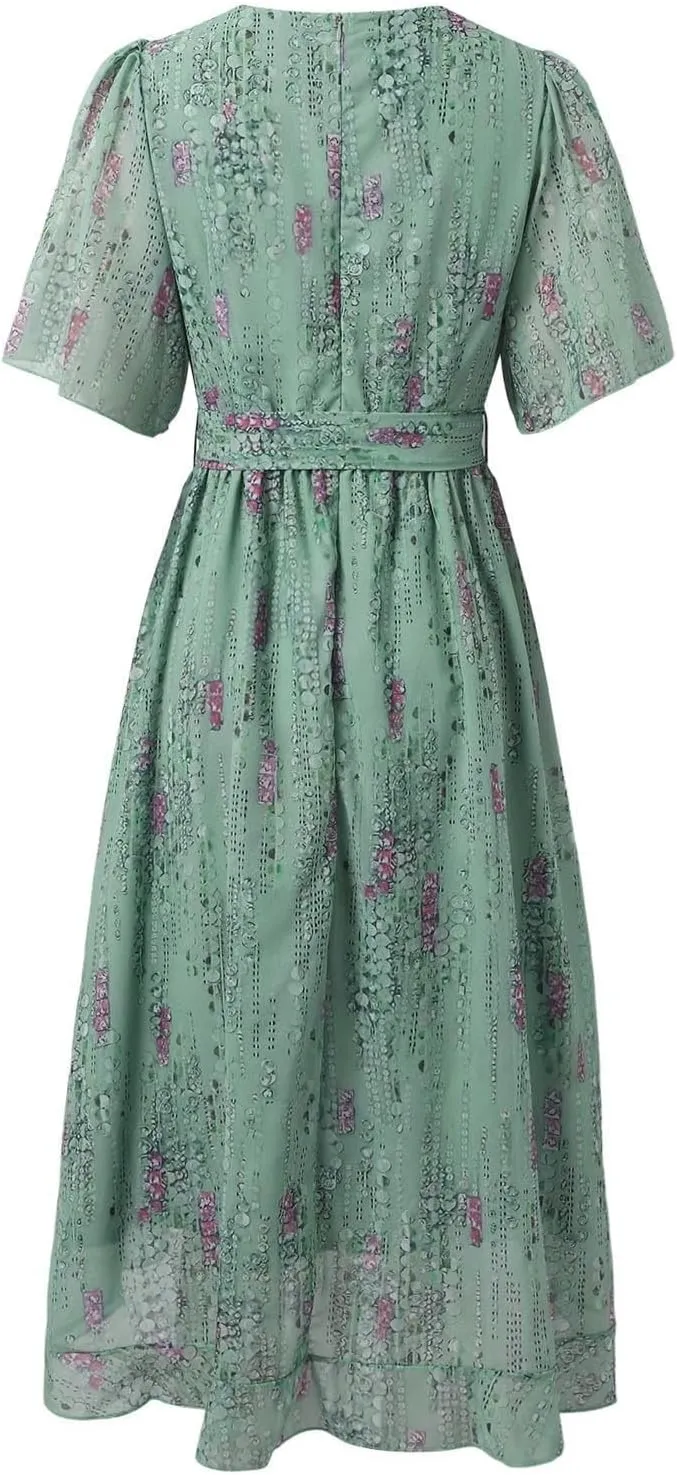 Dresses for Women 2025 Elegant Classy,Womens Boho Floral Printed Chiffon Dresses Fashionable Elegant Cocktail Midi Dress