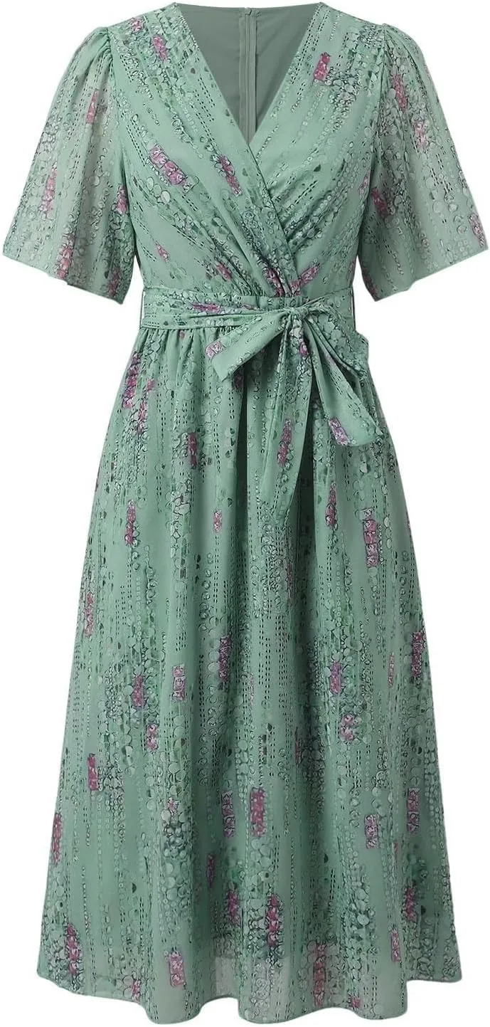 Dresses for Women 2025 Elegant Classy,Womens Boho Floral Printed Chiffon Dresses Fashionable Elegant Cocktail Midi Dress