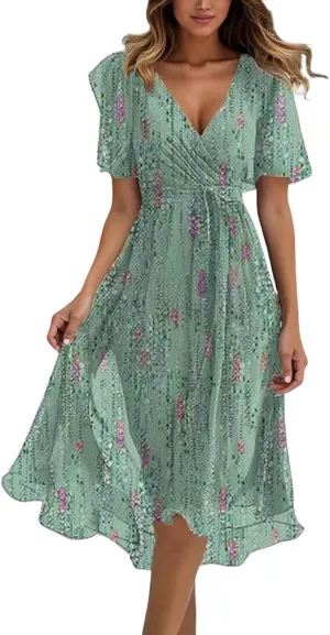 Dresses for Women 2025 Elegant Classy,Womens Boho Floral Printed Chiffon Dresses Fashionable Elegant Cocktail Midi Dress