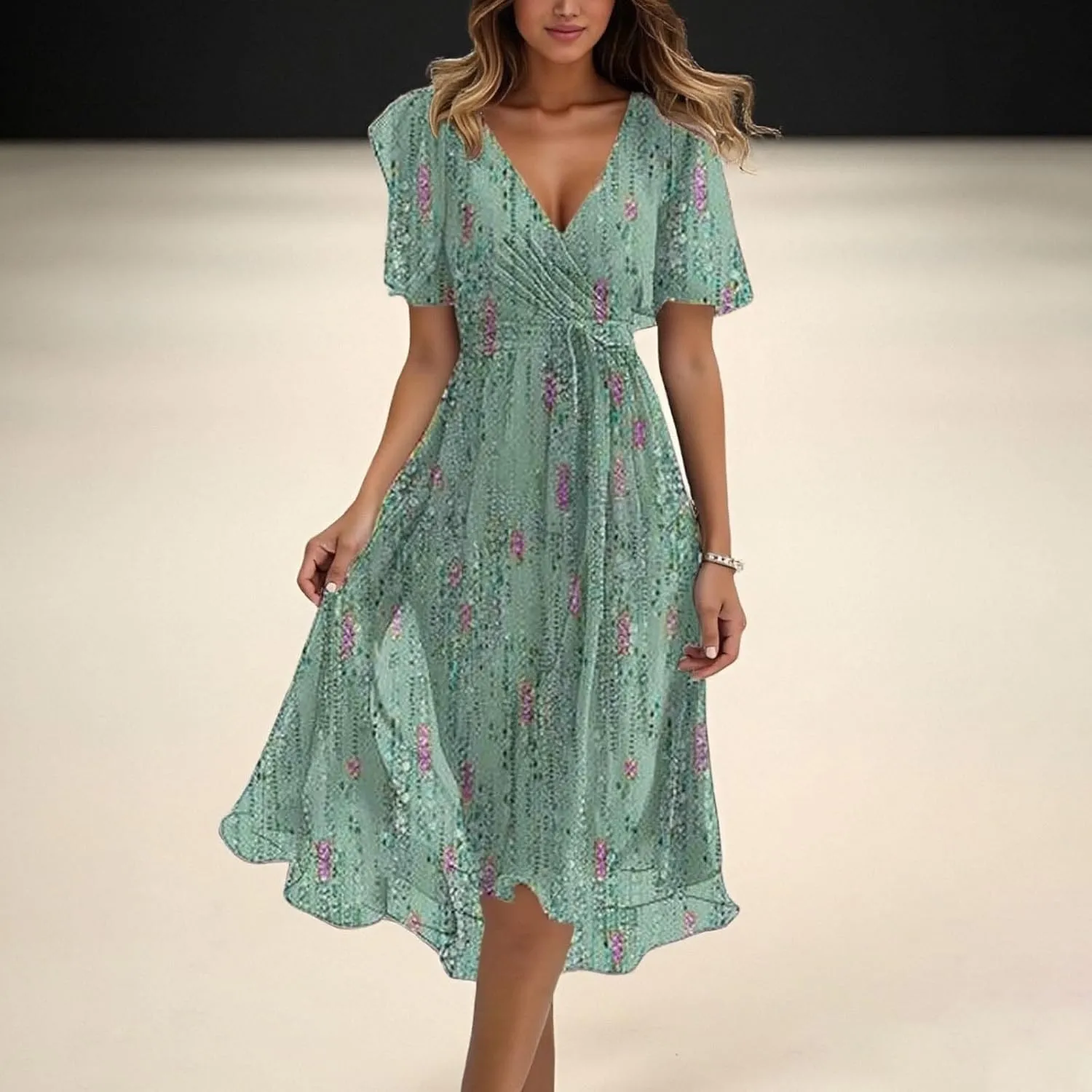 Dresses for Women 2025 Elegant Classy,Womens Boho Floral Printed Chiffon Dresses Fashionable Elegant Cocktail Midi Dress