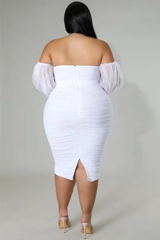 EDITCOZY Women Plus Size Off Shoulder Mesh Long Sleeve Bodycon Club Cocktail Ruched Midi Dress