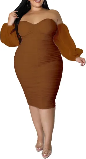 EDITCOZY Women Plus Size Off Shoulder Mesh Long Sleeve Bodycon Club Cocktail Ruched Midi Dress