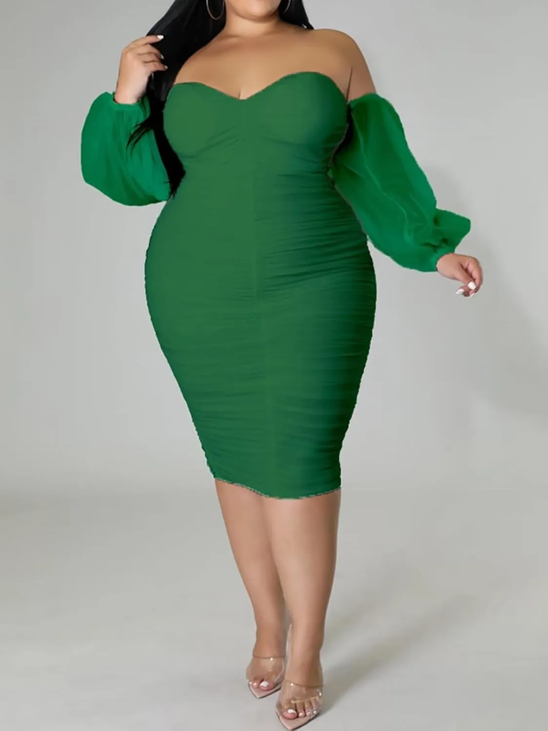EDITCOZY Women Plus Size Off Shoulder Mesh Long Sleeve Bodycon Club Cocktail Ruched Midi Dress