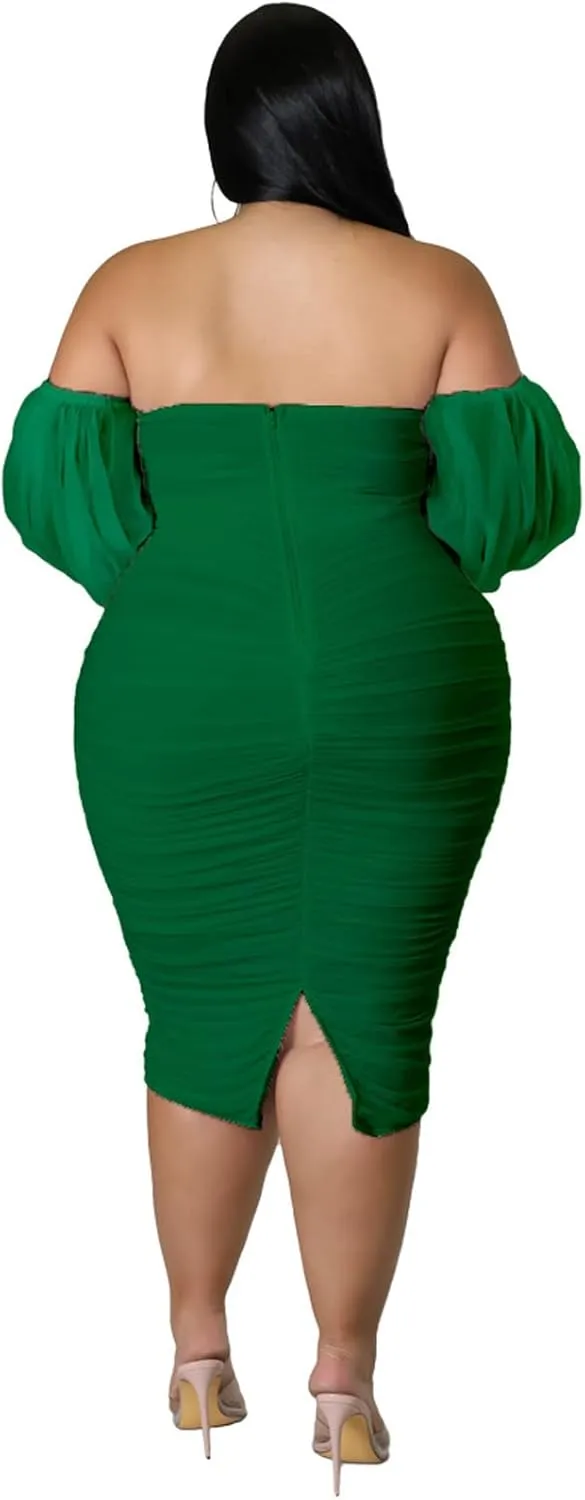 EDITCOZY Women Plus Size Off Shoulder Mesh Long Sleeve Bodycon Club Cocktail Ruched Midi Dress