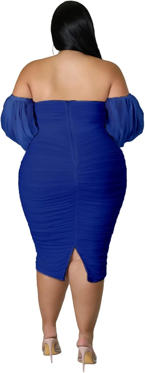 EDITCOZY Women Plus Size Off Shoulder Mesh Long Sleeve Bodycon Club Cocktail Ruched Midi Dress