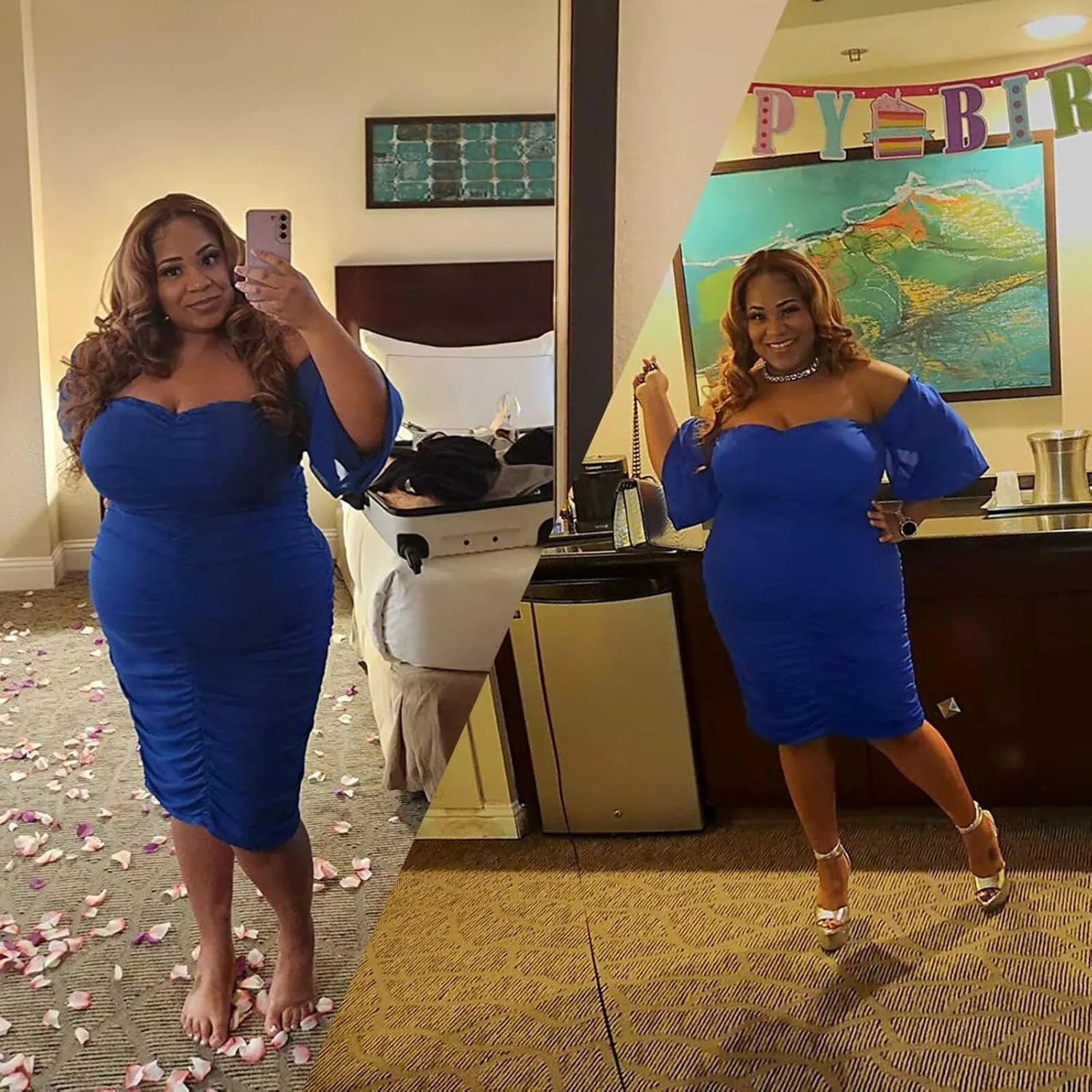 EDITCOZY Women Plus Size Off Shoulder Mesh Long Sleeve Bodycon Club Cocktail Ruched Midi Dress