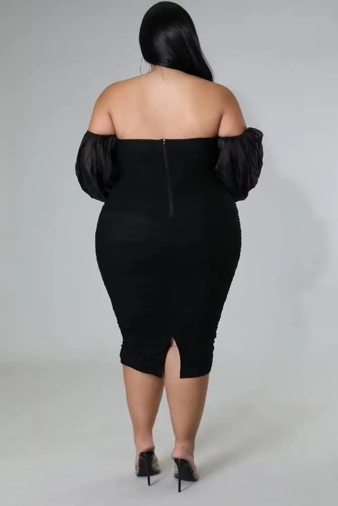 EDITCOZY Women Plus Size Off Shoulder Mesh Long Sleeve Bodycon Club Cocktail Ruched Midi Dress
