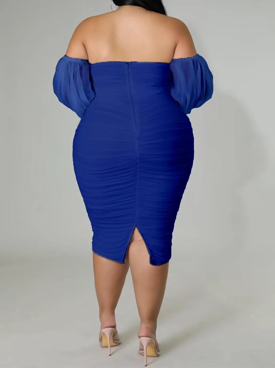 EDITCOZY Women Plus Size Off Shoulder Mesh Long Sleeve Bodycon Club Cocktail Ruched Midi Dress