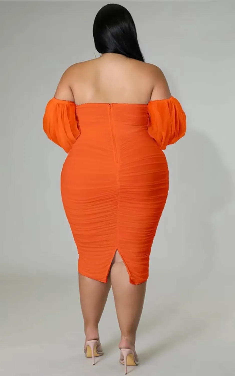 EDITCOZY Women Plus Size Off Shoulder Mesh Long Sleeve Bodycon Club Cocktail Ruched Midi Dress
