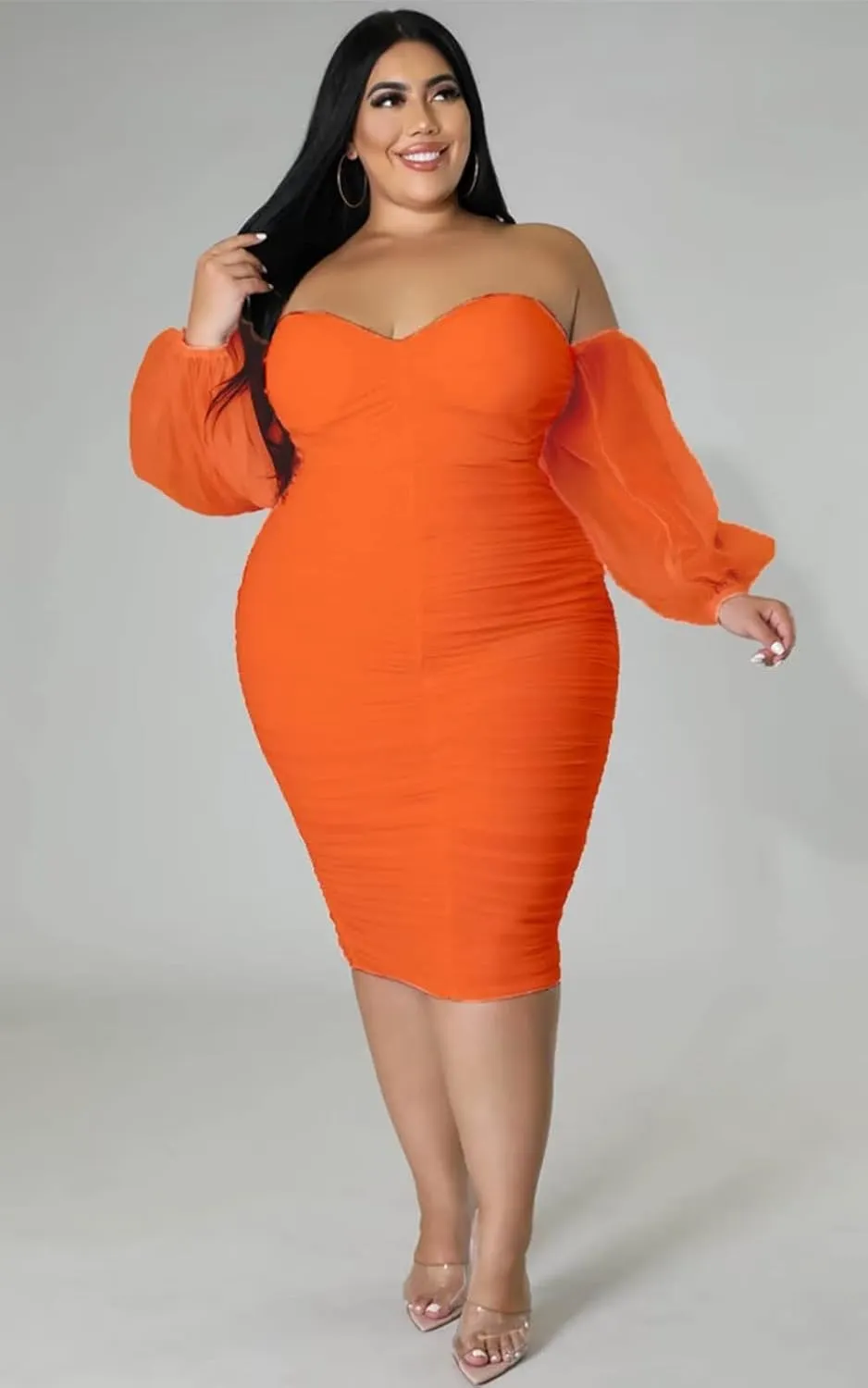 EDITCOZY Women Plus Size Off Shoulder Mesh Long Sleeve Bodycon Club Cocktail Ruched Midi Dress