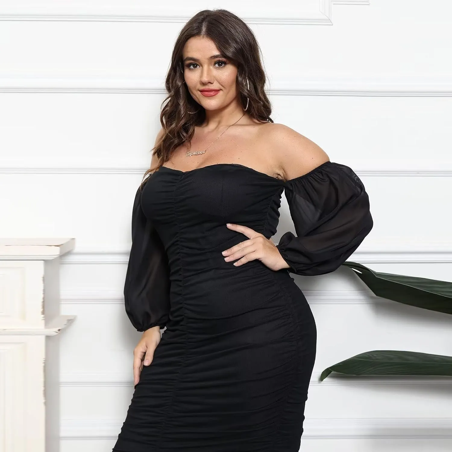 EDITCOZY Women Plus Size Off Shoulder Mesh Long Sleeve Bodycon Club Cocktail Ruched Midi Dress